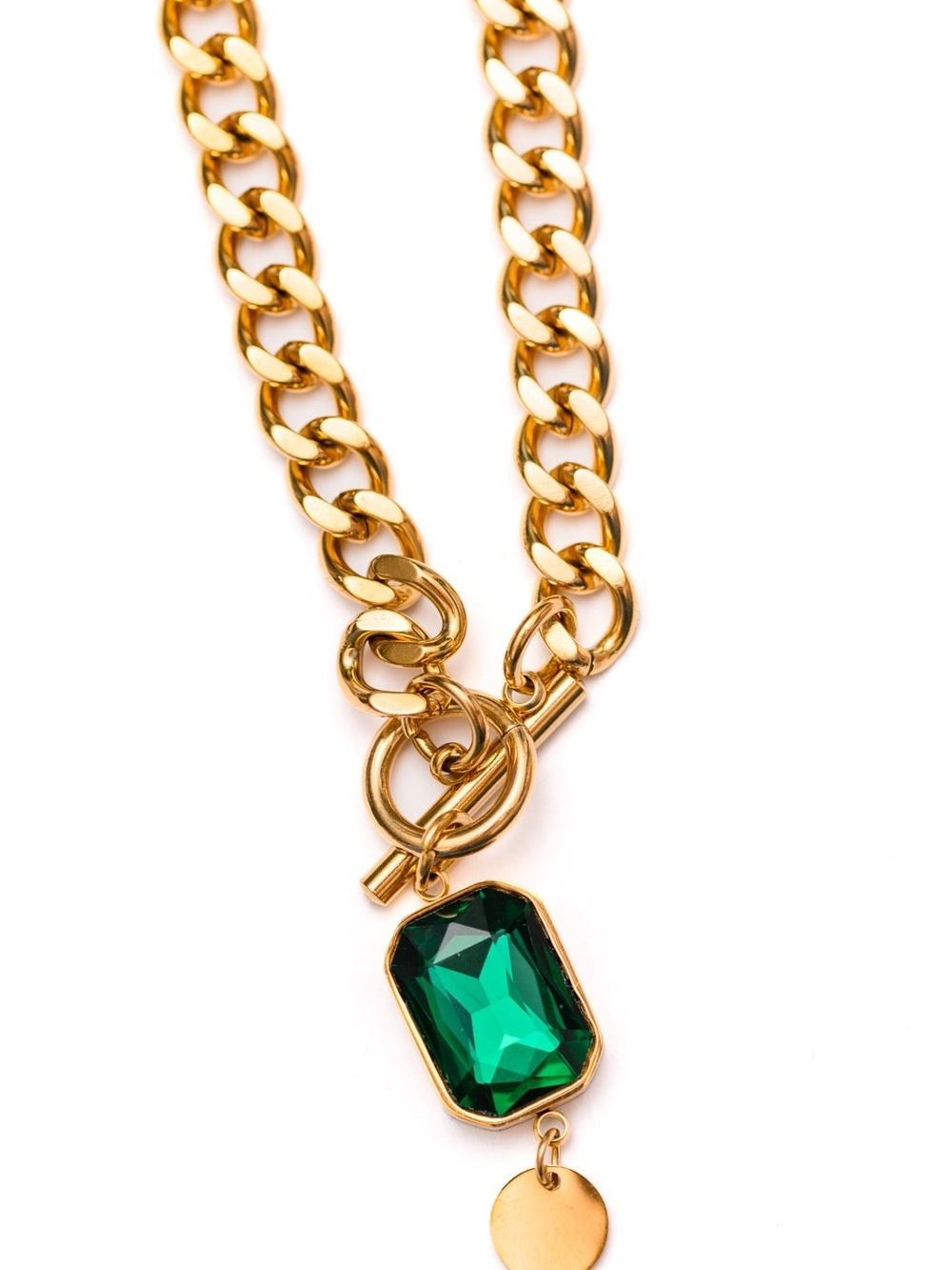 Gold-Tone Chain Necklace with Green Charm  Pendant